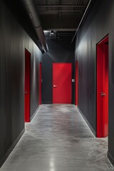 Monochrome Industrial Corridor with Red Door. A sleek, industrial-style corridor with matte black walls and gray concrete floors. The only pop of color is a bright red door at the end of the hallway, 