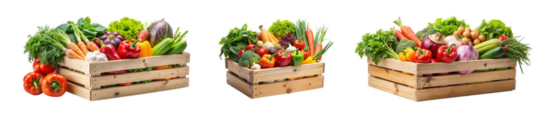 Vegetables in Wooden Box on a Transparent Background, Isolated Wooden Box with Veggies.