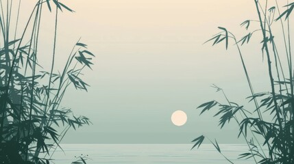 Chinese minimalism illustration, silhouette of a bamboo grove, flat illustration Chinese illustration on soft sage background, peaceful setting, empty copy space 