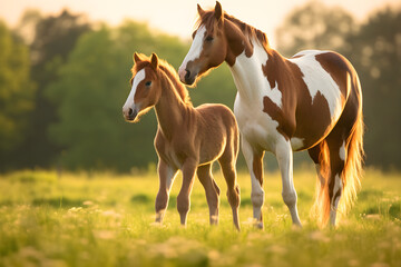 Obraz premium Picturesque Sunset View: Playtime of an Adorable Foal and its Affectionate Mother in an Enchanting Meadow