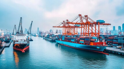 Fototapeta premium A busy port with cranes and container ships