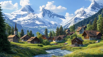 Fototapeta premium 3D illustration of a picturesque village in the Swiss Alps with snow-capped mountains and chalets.