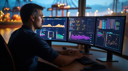 A logistics manager monitoring real-time shipping data on multiple screens