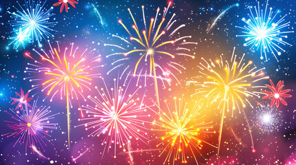 Fototapeta premium Illustration of Night Sky with Colorful Explosive Fireworks.