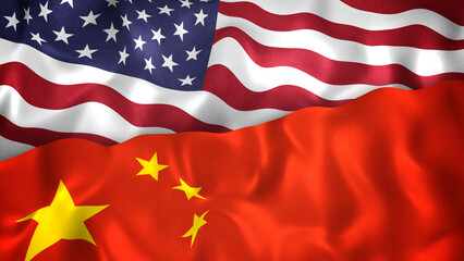 Obraz premium USA and Chinese Flags together. Representing US and China issues, trade, friendship, other relations. Slow motion flowing animation.