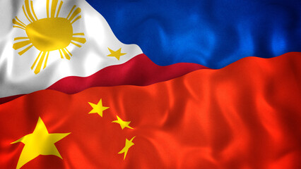 Philippine and Chinese Flags together. Representing Philippines and China issues, trade, friendship, other relations. Slow motion flowing animation.
