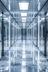 Obraz premium Symmetrical High-Rise Office Corridor. A long, perfectly symmetrical hallway with mirrored walls on both sides, polished marble floors, and evenly spaced modern light fixtures on the ceiling. 
