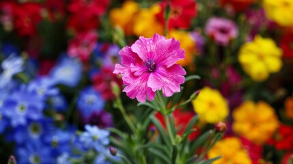 Solitary Beauty: Dianthus Standing Out in a Colorful Garden Bed