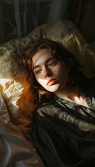Fototapeta premium Mysterious portrait of woman on bed in soft window light, highlighting light and shadow interplay