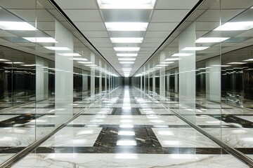 Obraz premium Symmetrical High-Rise Office Corridor. A long, perfectly symmetrical hallway with mirrored walls on both sides, polished marble floors, and evenly spaced modern light fixtures on the ceiling. 