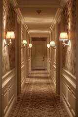Symmetrical Hotel Corridor. A luxurious, symmetrical hallway with plush carpeting, elegant wallpaper, and evenly spaced doors. Soft lighting from wall sconces creates a warm and inviting atmosphere.