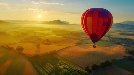 Obraz premium The wonder of a balloon flight over a picturesque landscape in the early morning. A vast and breathtaking view that shows the balloon and the panoramic views