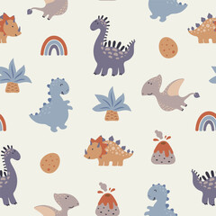 Seamless pattern with cute dinos, volkanos, palms, dino eggs and rainbows. Vector illustration.