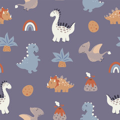 Seamless pattern with cute dinos, volkanos, palms, dino eggs and rainbows. Vector illustration. © Jellicle
