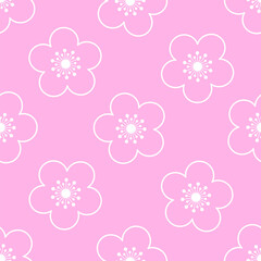 White cherry line flowers on pink background. Vector seamless pattern.