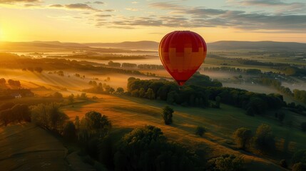 Fototapeta premium The wonder of a balloon flight over a picturesque landscape in the early morning. A vast and breathtaking view that shows the balloon and the panoramic views