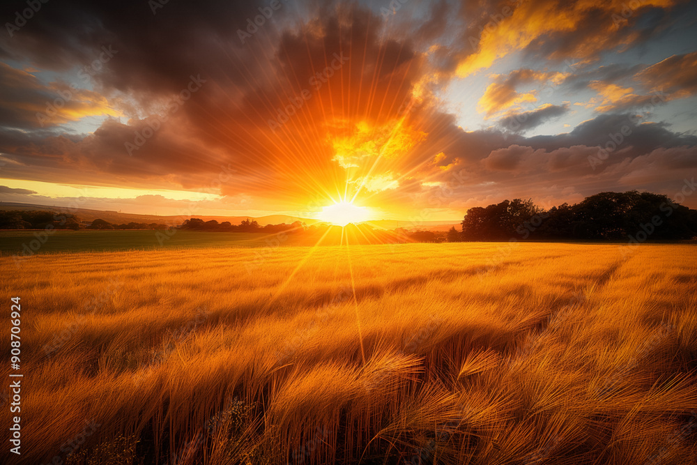 Poster maize field sunset