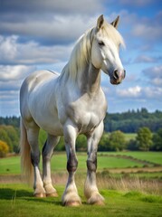 Obraz premium A Majestic White Horse Standing Gracefully on Green Pasture Under Bright Blue Sky. Generative AI