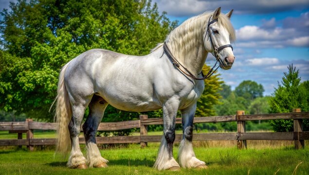 A stunning white horse stands proudly in a vibrant green meadow under a clear blue sky. The horse showcases its majestic stature, surrounded by lush trees and a rustic wooden fence. AI