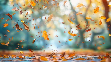 Realistic photo capturing autumn leaves gracefully falling in a serene natural background