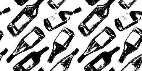 Wine bottles seamless pattern. Hand-drawn coal sketches of red wines and white wines in vector. Winery frame design, grape alcohol pattern.