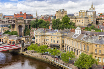 Aerial view over the historic center of Newcastle upon Tyne