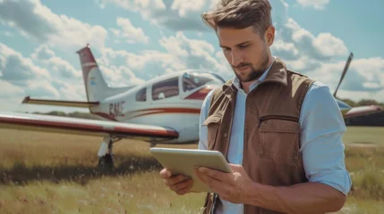 Handsome young man pilot in a green overall standing next to the propeller of an old plane on a sunny day with tablet computer.