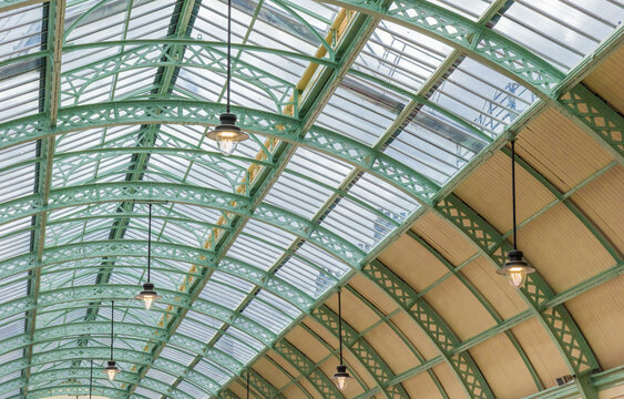 Lamps on the ceiling of the historic Grainger Market of Newcastle upon Tyne, England