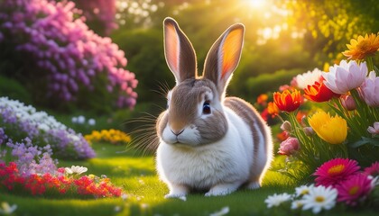 Rabbit in the blooming spring garden