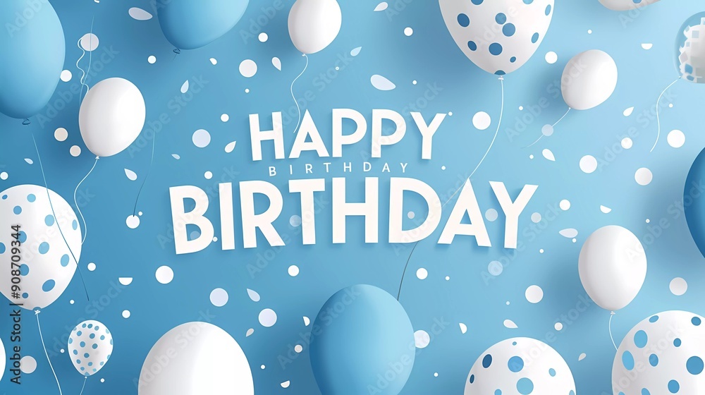 Wall mural Happy birthday background with blue and white balloons on a light skyblue background vector illustration. 