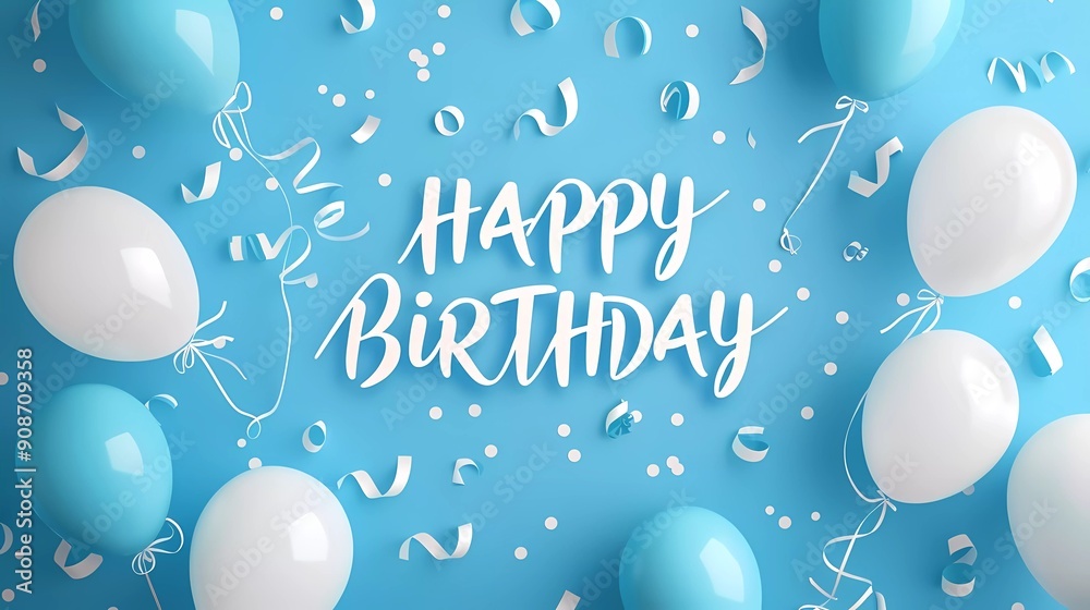 Wall mural happy birthday background with blue and white balloons on a light skyblue background vector illustra