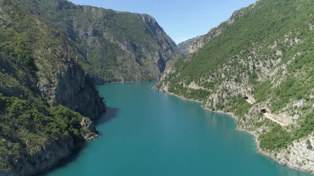 Aerial view of famous Piva Canyon with its fantastic reservoir