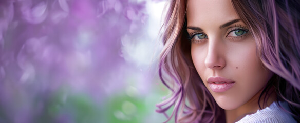 Fototapeta premium Portrait of a beautiful woman with lilac hair, green eyes and light pink lips, looking at the camera, in a spring garden landscape background