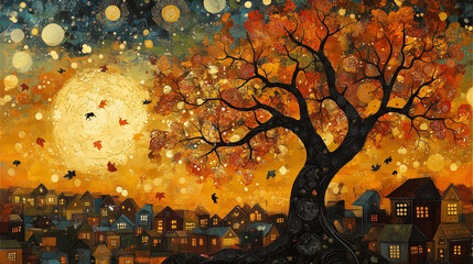 An enchanting autumn scene of a cozy town square at dusk. The artwork features vibrant fall foliage, a glowing moon, and warm-lit houses, creating a serene and magical atmosphere.