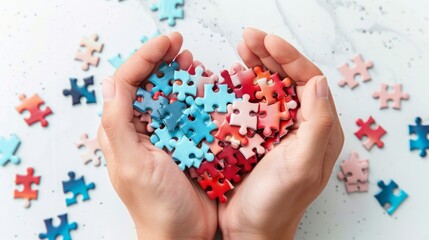 Naklejka premium Colorful puzzle pieces arranged in a heart shape held in hands, symbolizing love and connection.