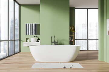 Green home bathroom interior with bathtub and sink, window and mockup wall