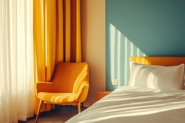 Luxury hotel room interior.