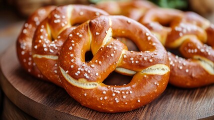 Freshly baked pretzels displayed on a wooden board, sprinkled with coarse salt, perfect for snacking or adding to a festive spread.