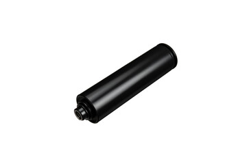 Black silencer for weapons. Suppressor that is at the end of an assault rifle. Isolate on a white back.