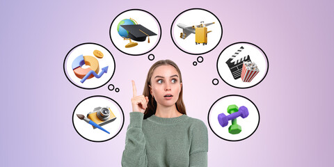 Young woman with finger point at clouds with different career options