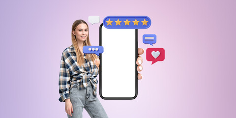 Woman with smartphone showing rating icons on a gradient backgro
