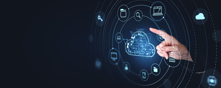 Woman finger touch cloud service hologram and files storage. Copy space