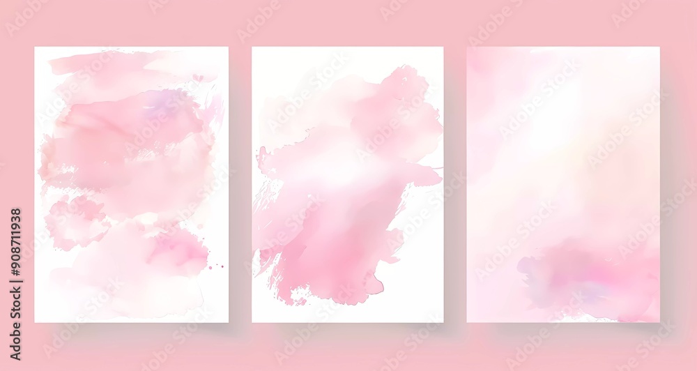 Wall mural set of three vector watercolor light pink and white color, blank poster template with a pastel background 