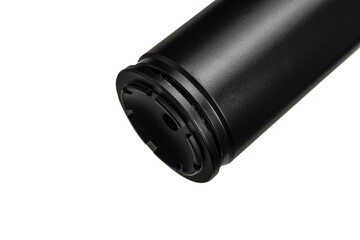 Black silencer for weapons. Suppressor that is at the end of an assault rifle. Isolate on a white...