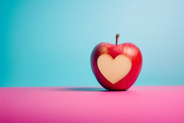An apple with a heart-shaped cutout on a solid colored background in pink and blue with a simple composition in a minimalist style, with its shadow cast to one side.
