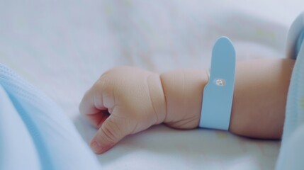 A close-up of an infant's hand with a blue identification bracelet, resting softly on a light blanket.