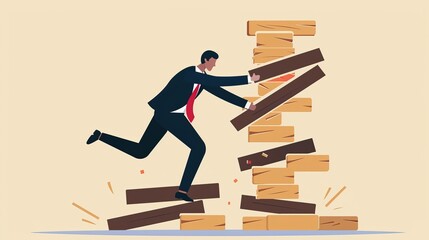 Businessman in Suit Toppling Wooden Blocks in a Game of Jenga, Symbolizing Risk and Challenge in Business