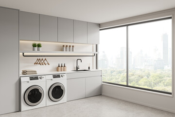 Modern laundry room with washer and dryer, large window city view. 3D Rendering