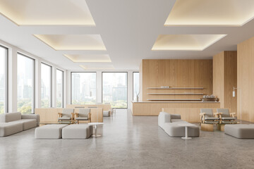 Modern cafe interior with dining tables, bar counter near panoramic window