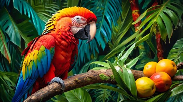 A vibrantly colored macaw bird among colorful fruits